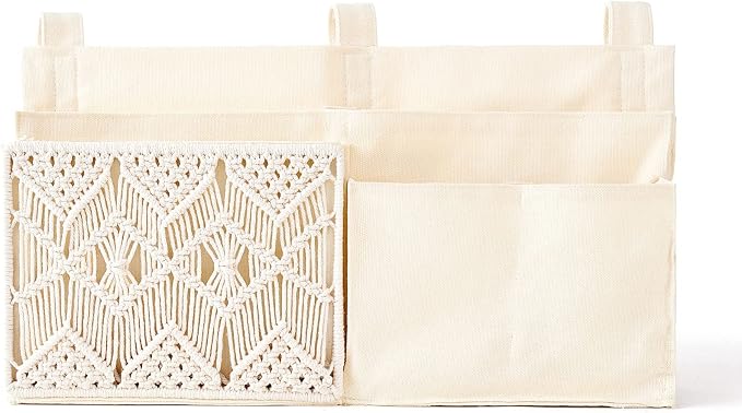 Mkono Bedside Caddy, Macrame Bunk Bed Hanging Organizer, 7 Pockets Ivory | Dorm Room Essentials, Boho Storage Bag, Remote Books Magazines Phone Snacks Drinks Holder, Bedroom Nursery Loft Baby Bed Rail
