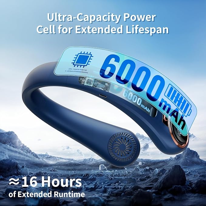 Portable Neck Fan with 6000mAh USB - Rechargeable Battery, Ultra-Light Bladeless Neck Fan LED Display, 360° Cooling Wearable Fan, 3 Speeds,Fireplace Fans -Blue