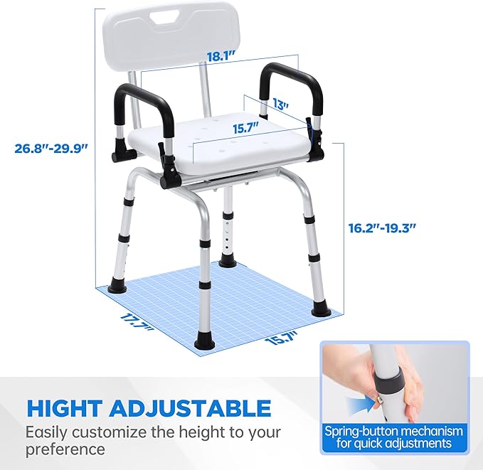 Swivel Shower Chair for Inside Bathing, Rotating Seat Medical Bath Chair With Backrest Pivoting Arms for Elderly and Disabled