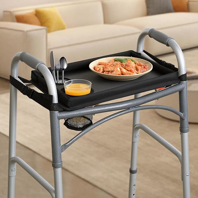 Walker Tray for Folding Walker, Trays for Walkers Detachable with Cup Holder,Walker Trays for Rolling Folding Walker,Walker Accessories for Elderly (Black Without Pockets with Baffles)