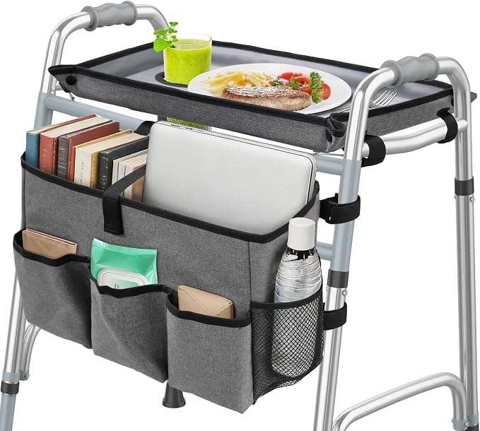 Walker Basket with Tray, Walker Tray for Folding Walker, Walker Accessories for Seniors, Non-Slip Surface, Universal Fit for Standard Walkers, Ideal for Meals, Drinks & Reading(Grey)