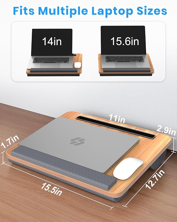 HETTHI Portable Lap Desk, Laptop Stand for Bed with Soft Wrist Rest, Tablet/Phone Slot, Fabric Handle, Laptop Bed Desk with Cushion (Light Brown)