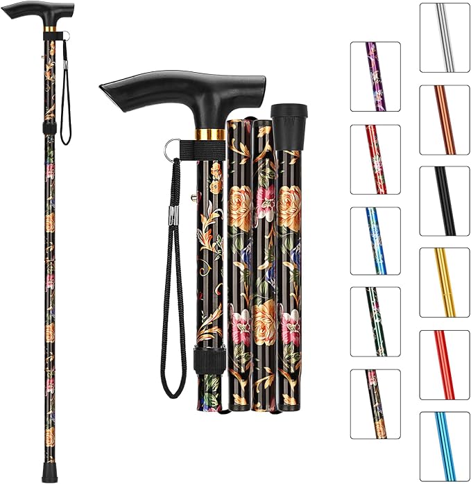 MFE Folding Cane, Portable 5-Level Adjustable Height Walking Stick with Foldable Design, Wrist Strap, and T Handle for Men and Women
