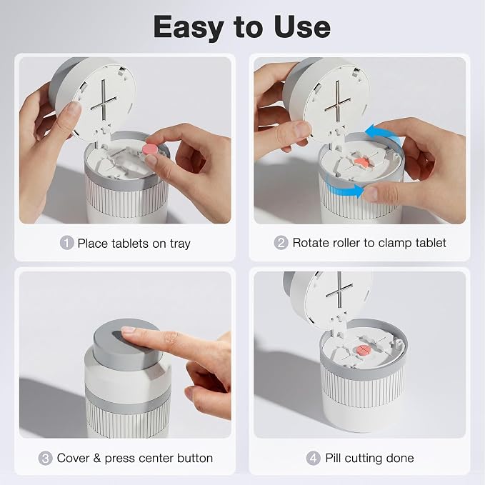 Sukuos Pill Cutter, Adjustable 1/4 and 1/2 Splitter for Cutting Multiple Pills, Press-to-Cut Small & Large Tablets with Pill Crusher and Storage Compartment &Sharp Stainless Blade, Gray