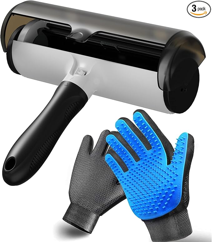 NVNAN Pet Hair Remover Roller and Grooming Glove Set for Dogs & Cats | Reusable roller tackles pet hair on furniture, and clothes, while the grooming glove helps brush dogs and cats