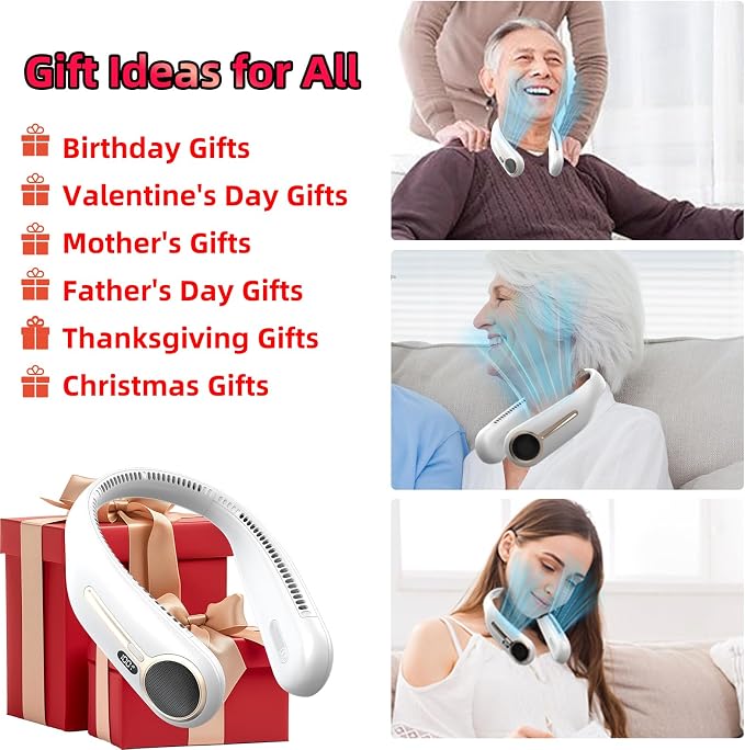 Portable Neck Fan, Personal Wearable Bladeless Fan, 6000mAh USB Rechargeable, 360° Airflow, LED Display, 4-Speeds, Hands Free Fan for Outdoor Indoor, Birthday Gifts for Men Women Dad Mom (White)