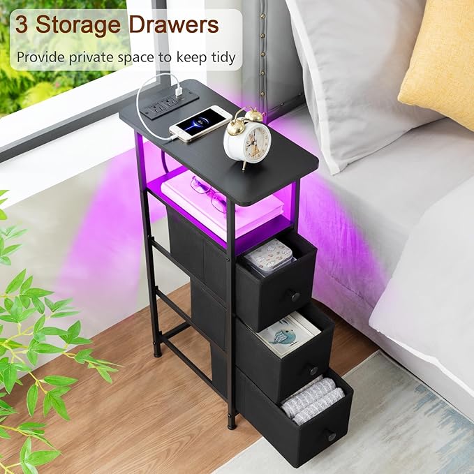 Narrow End Table with Charging Station, Small Nightstand | Skinny Side Tables Living Room with 3 Fabric Drawers, Bedside Table with LED Lights for Bedroom, Small Spaces, Black