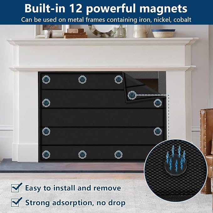 Magnetic Fireplace Blanket for Heat Loss Indoor Fireplace Covers Keep Drafts Out Stops Heat Loss Fireplace Draft Stopper with Built-in 12 Strong Magnet for Iron Fireplace Frame Fireplace Screen 36x30
