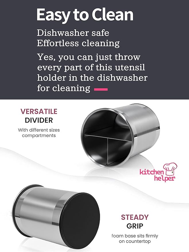 TENGINE Stainless Utensil Holder 360° Rotating 6.5X5.25 Inch Utensil Crocks for Kitchen Counter with Removable Divider Bright