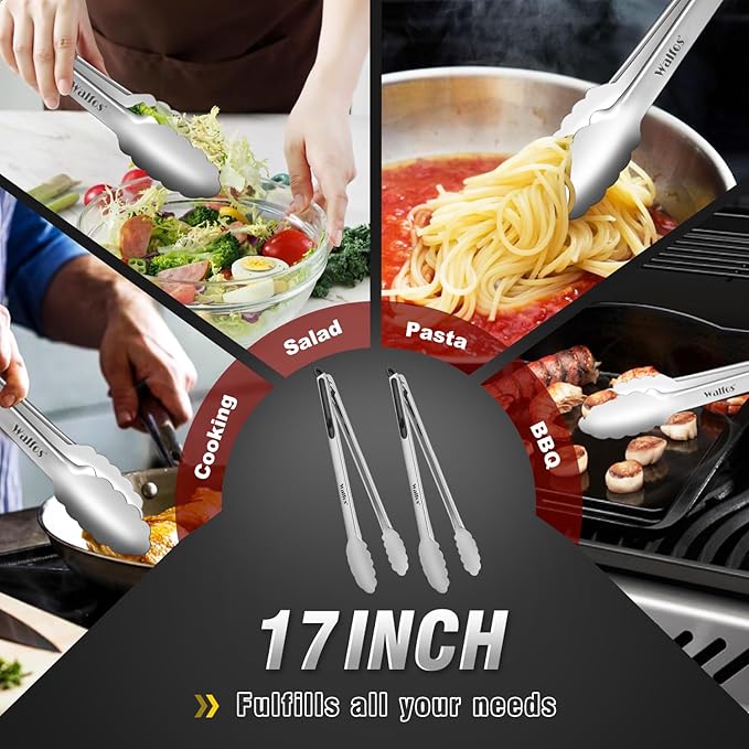Walfos 17 Inch Extra Long Grill Tongs Set of 2, Ultimate Stainless Steel Tongs for Grilling, Cooking, BBQ/Barbecue, Buffet and Turning Food