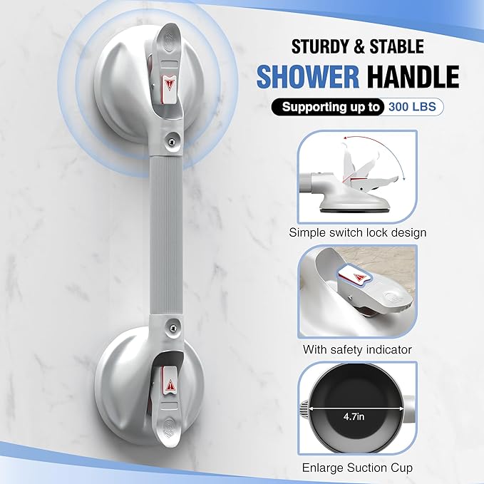 DAILYLIFE Grab Bars for Bathtubs and Showers, 19 inch Shower Handles for Elderly Suction, 300lbs Safety Shower Grab bar for Seniors and Elderly, White(1 Pack)