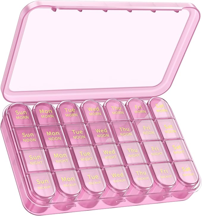 Daviky Pill Organizer 4 Times a Day - Pill Box 7 Day, Weekly Medicine Pill Organizer for Travel with Removable Containers, Pill Case to Hold Daily Vitamins, Supplements and Medication (Pink Purple)