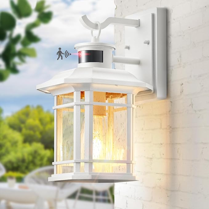 VIANIS Motion Sensor Exterior Lights for House, White Dusk to Dawn Outdoor Lighting, 100% Waterproof Front Porch Light Fixtures, Modern Exterior Sconce with Tempered Seeded Glass for Garage