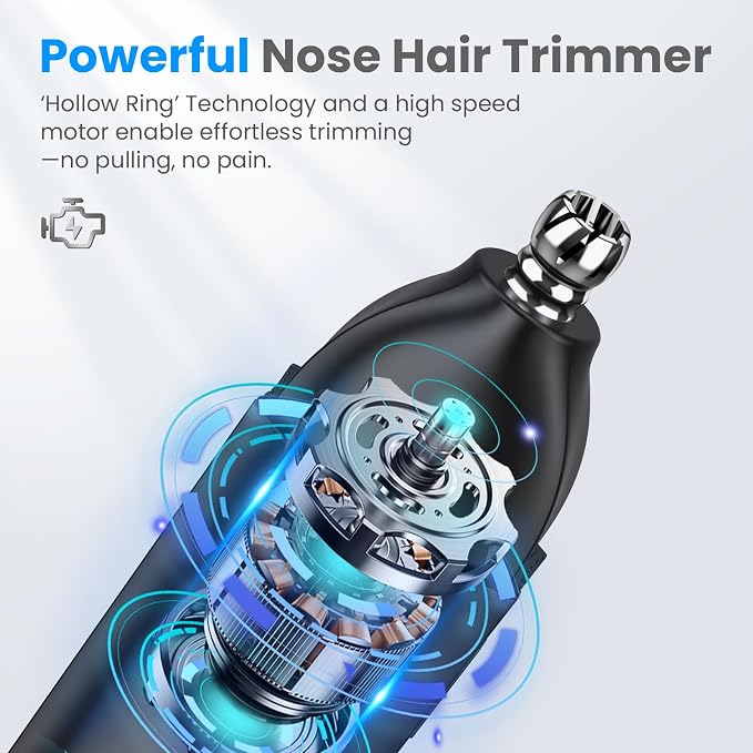 Phisco Nose Hair Trimmer for Men: 120 Mins Runtime USB-C Rechargeable | IPX7 Waterproof Nose Trimmer for Ear and Nose Easy Clean, Updated 360° Hollow Ring Painless Hair Removal, Quiet & Powerful