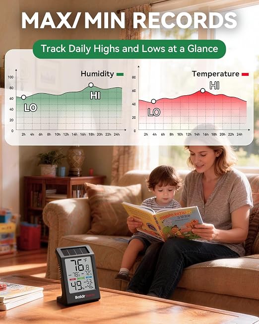 BALDR Solar Indoor Thermometer Hygrometer, Max/Min, Comfort Meter（Black） | Solar & Battery Dual Power |No Setup or App Required |Clear Comfort Level Indicator |Flexible Desk or Wall Placement