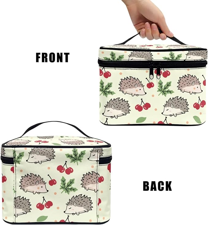Hedgehogs Large Cosmetic Bag for Women Travel Makeup Bag Handle, Cartoon Animals Portable Toiletries Bag Brush Bags for Traveling, Light Green