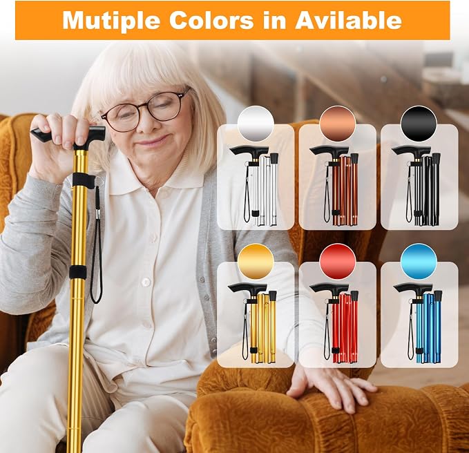 MFE Folding Cane, Portable 5-Level Adjustable Height Walking Stick with Foldable Design, Wrist Strap, and T Handle for Men and Women