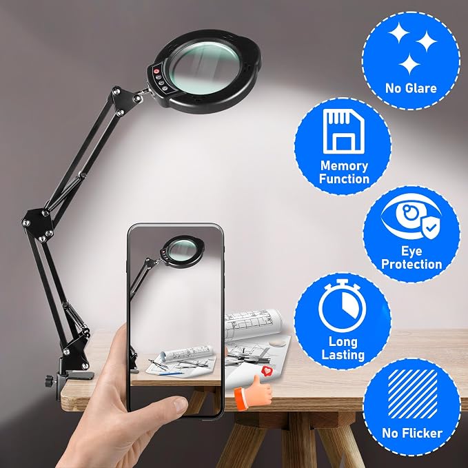 10X Magnifying Glass with Light and Stand, LED Desk Lamp with Base and Clamp, 5 Color Mode, 10 Dimmable Levels, Hands Free for Reading Crafts Jewelry Sewing Close Work