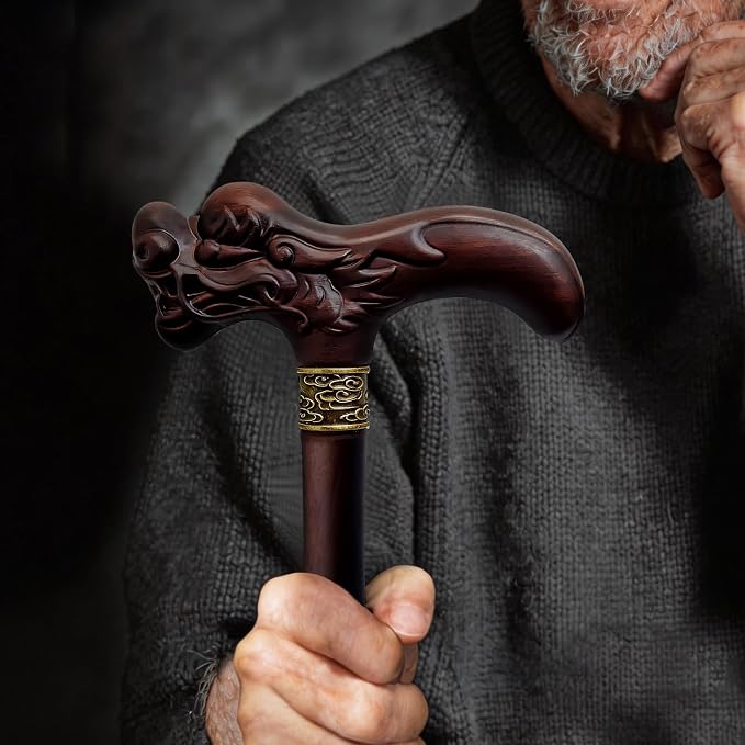Wooden Walking Cane, 3D Dragon Engraved Cane Support up to 400 lb, Canes for Seniors Men Women of Different Heights