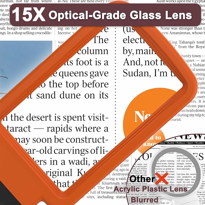 15X Magnifying Glass with Light and Stand, Real Glass Lens, Rechargeable Foldable Handheld Magnifier, 3 Color Modes Dimmable Lighted Page Magnifier for Reading Fine Prints Seniors, Orange Black