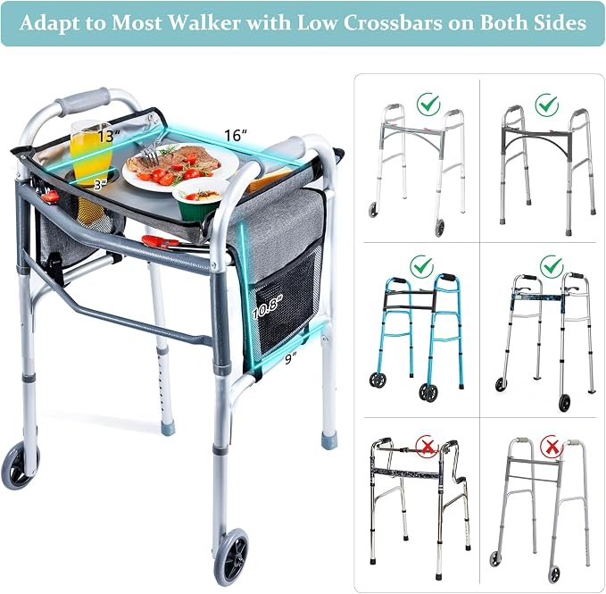 BAGSFY Walker Tray with Cup Holder & Side Pocket – Hard Top Walker Table for Seniors – Folding Walker Accessory for Meals, Reading, Drinks – Non-Slip Surface, Tool-Free Install, Universal Fit