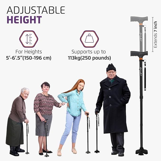 Allay Walking Cane for Men & Women - Foldable, Adjustable, Collapsible Walking Canes for Seniors Balance, Free Standing, Pivot Tip, Heavy Duty, with Travel Bag | Walking Sticks for Seniors & Adults