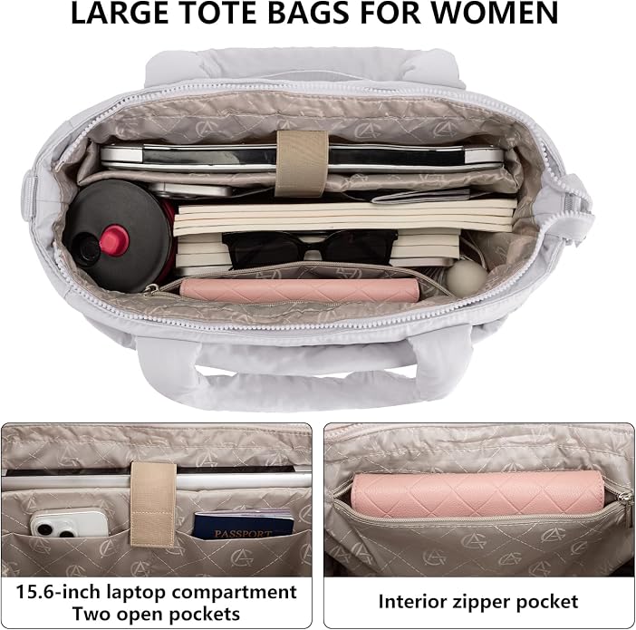Puffer Tote Bag for Women Quilted Nurse Bag Lightweight Work Bag for Teacher Travel Handbag with Multiple Pockets