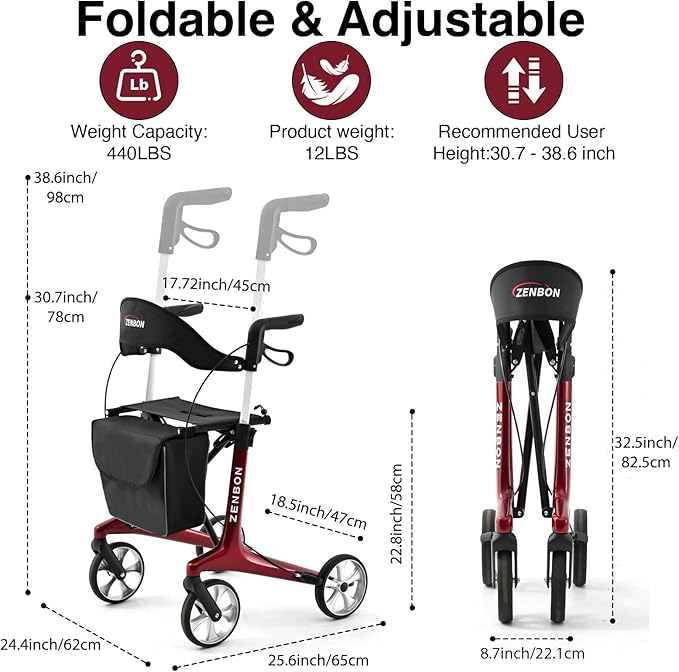 Rollator Walker for Seniors/Adults Foldable Rolling Walker with Seat 440 lbs Capacity 4 Big 7.9 inch Wheels Hand Grips Adjustable Height Lightweight Carbon Fiber Walker Removable Back Support
