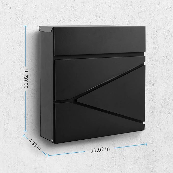 Wall-Mount Mailbox for House Outside, Security Key Drop Box with Lock and Keys, Locking Postbox, Steel Metal Rust-Proof Mail Box, 11.02 x 11.02 x 4.33 Inch, Black, MD021