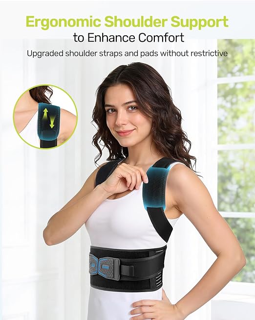 Rakiie Posture Corrector for Women Men, 4 Back Support Brace Bars, Adjustable Shoulder Straightener with Cushioned Pads for Hunchback, Round Shoulders, Back Pain Relief, Blue L