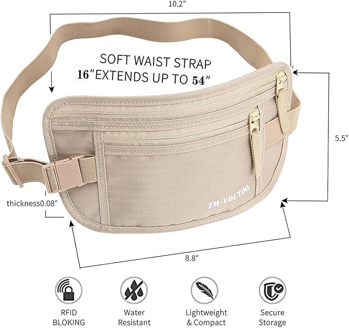 ZM-YOUTOO Money Belt for Travel - Hidden Travel Pouch Protect Your Credit and Money With RFID Blocking Passport Holder Waist Wallet (Khaki)
