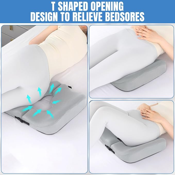 HOMBYS Memory Foam Bed Sore Cushions for Butt, Bedsore Pressure Relief Pillow for Sleeping and Sitting, Cushion for Bed Sores on Buttocks, T Shaped Opening Tailbone Pillow, Patent Pending, Light Grey