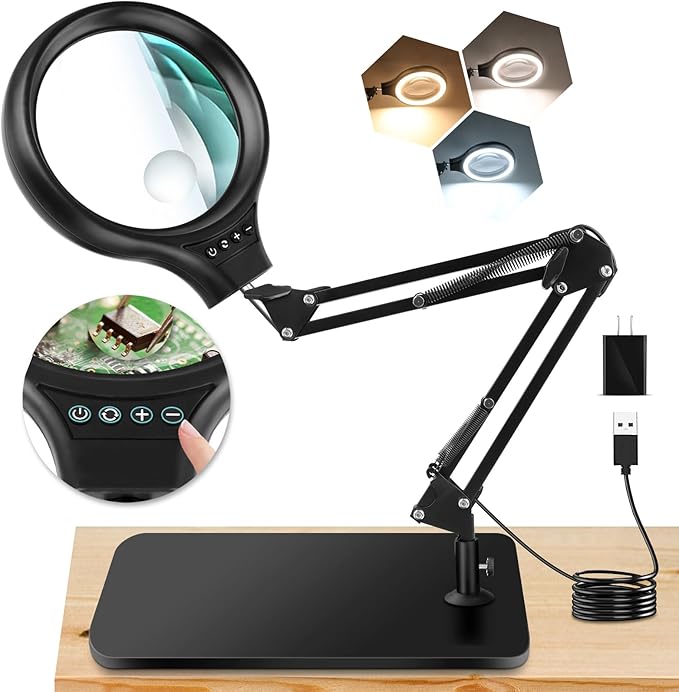 NZQXJXZ 10X 30X Large Magnifying Glass with Light and Stand 5-inch | Lighted Magnifier,3 Color Modes Stepless Dimmable, Hands-Free,Magnifying Desk Lamp for Reading, Craft, Hobby, Close Work
