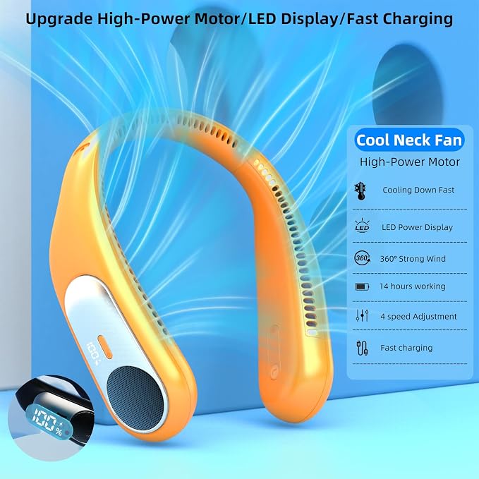 Portable Neck Fan, Personal Wearable Bladeless Fan for Outdoor Indoor, LED Display, 360° Cooling, 4-Speeds, 6000mAh USB Rechargeable, Birthday Gifts for Men Women Dad Mom (Orange)