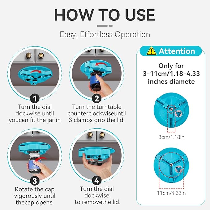 Jar Opener Bottle Opener for Seniors with Arthritis - Under Cabinet Jar Opener for Weak Hands, Rotary Lid Opener, Easy Twist-Off Lids for Jars & Bottles, Original Kitchen Gadgets (Cyan)