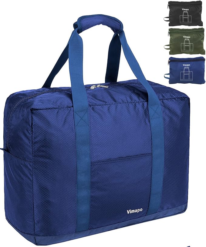 Foldable Travel Duffle Bag with Trolley Sleeve 40L Capacity, Lightweight Packable Travel Duffel Bags with the Keyhole Zipper, Weekender Overnight Nylon Carry on Bag for Men & Women, Blue