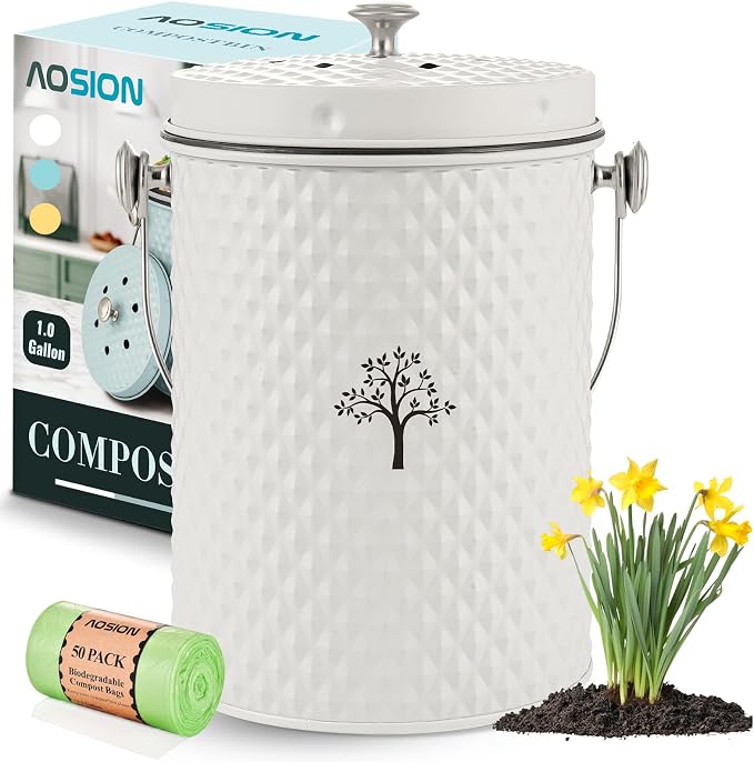 Countertop Kitchen Odorless Compost Bin with Removable Inner Bucket | 1 Gallon Composter Container,Includes 50 Compost Bags,2 Carbon Filters,Compost Bucket, ideal for food scraps,coffee grounds