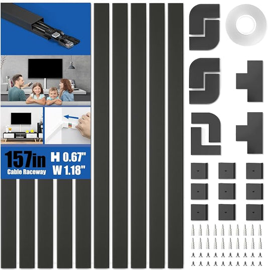 Delamu 157in Cord Hider, Cord Cover Wall Cable Management, Paintable Wire Cover for Cords, Cable Hider Raceway Kit, Cable Cover Concealer, Wire Hiders for TV on Wall, 10 X L15.7 W1.18 H0.6in, Black