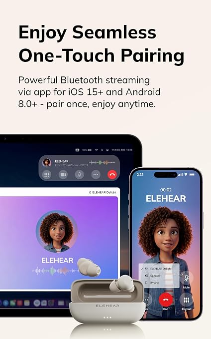 ELEHEAR-Delight OTC Hearing Aids for Seniors and Adults, AI Powered Speech Enhancement, Superior Sound Quality, Comfortable & Discreet Design, Bluetooth 5.3 and App Control, Mist White
