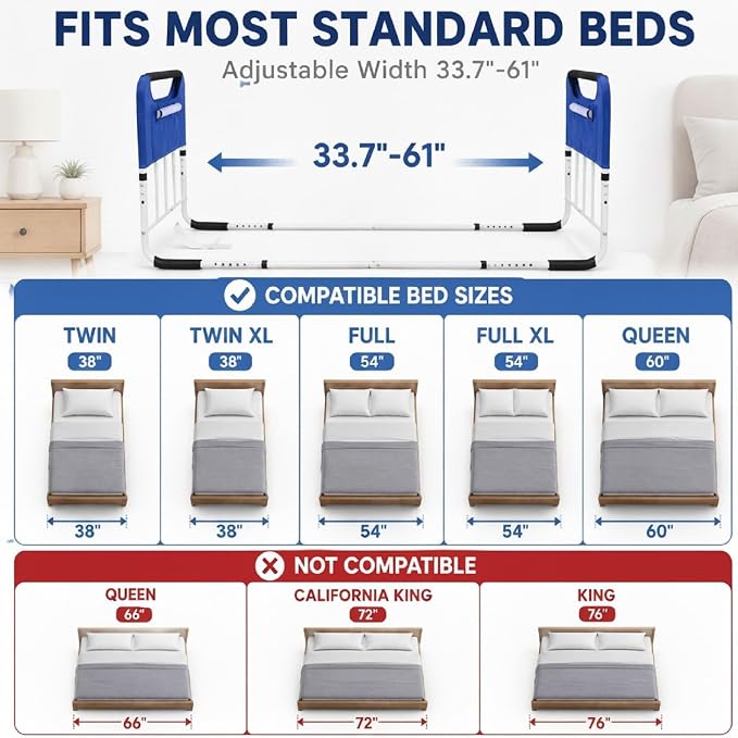 Double Bed Rail for Elderly Adults Safety, ASTM Compliant, Adjustable Bed Rail,U Bar with Sensor Light & Storage Pocket for Medical Bedside Safety Assisting Rails Fits Twin Full Queen Beds
