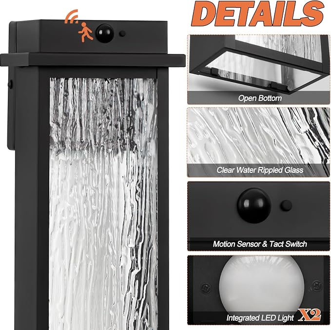 VenzBlomia 20” Large Motion Sensor Dusk to Dawn Porch Lights Outdoor 2 Pack | Modern Black Exterior Lighting Fixtures Waterproof, Brightness Outdoor Wall Sconces with Soft Warm Glow, Easy Installation