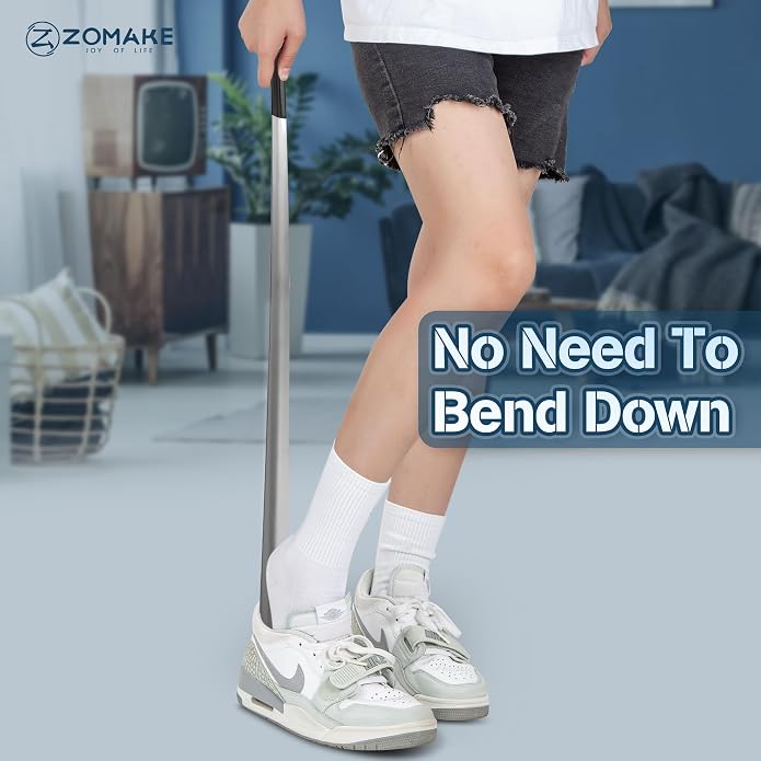 ZOMAKE Shoe Horn Long Handle for Seniors Men Women, Metal Shoehorn 16.5" | Stainless Steel Boot Horn Shoe Spoon Helper, Comfort Grip Handle, Smooth Edges, No Bending Required, Shoe Care for Daily Use