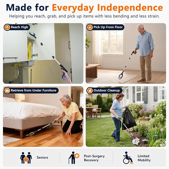 43 Inch Long Grabber Reacher Tool, 2 Pack Foldable for Seniors | Extended grabber reacher tool for seniors 5'8"-6'1", wheelchair. Aluminum, reaches 43 in. Reacher grabber pickup tool, 2-pack