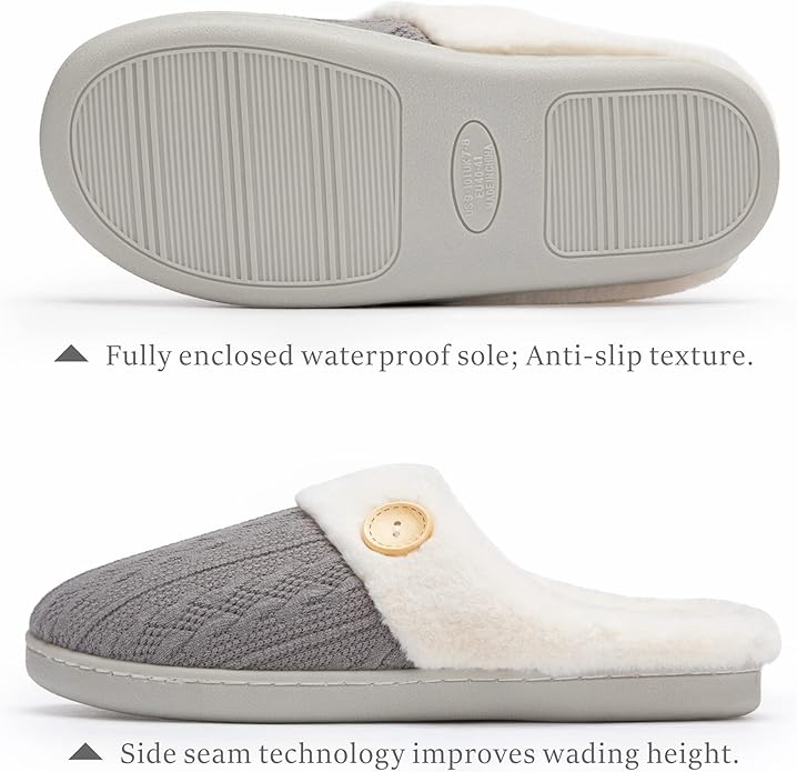 Chantomoo Womens Slipper Warm Comfy Memory Foam House Slippers Knitted Shoes Faux Fur Lined Anti-Skid Rubber Sole Bedroom Cozy Indoor Outdoor Slippers