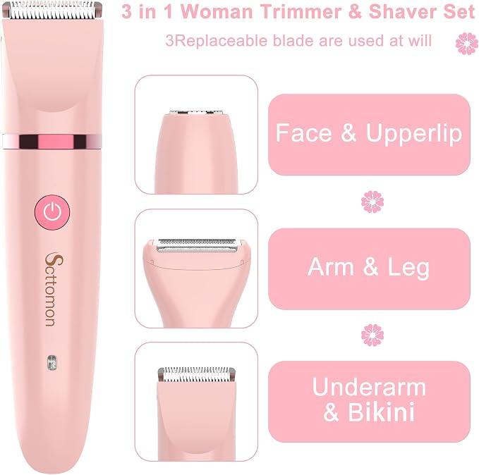 Scttomon Electric Lady Shaver for Women - Painless Razor, Bikini Trimmer, Facial Hair Removal, Body Trimmer for Face, Legs, Underarm, Pubic - Wet and Dry Flawless 3 in 1