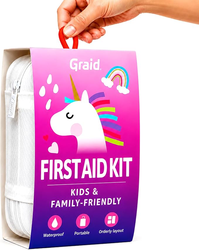 Graid Kids First Aid Kit 88 Pcs—Unicorn Waterproof Travel First Aid Kit for Toddlers, Children& Family | Compact Portable Mini Kit for Car, Camping, School, Backpack & Diaper Bag