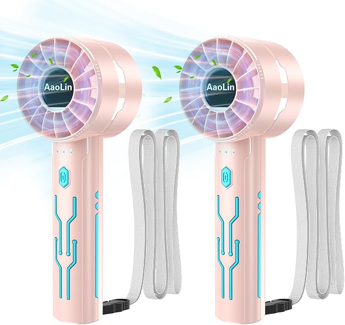 AaoLin 2pcs Portable Handheld Turbo Fan with 7000rpm High-Speed Motor USB Rechargeable Cooling Personal Fan 4-Speed, 4-16H Runtime, with Lanyard for Outdoor Travel, Women, Kids, Summer Gift