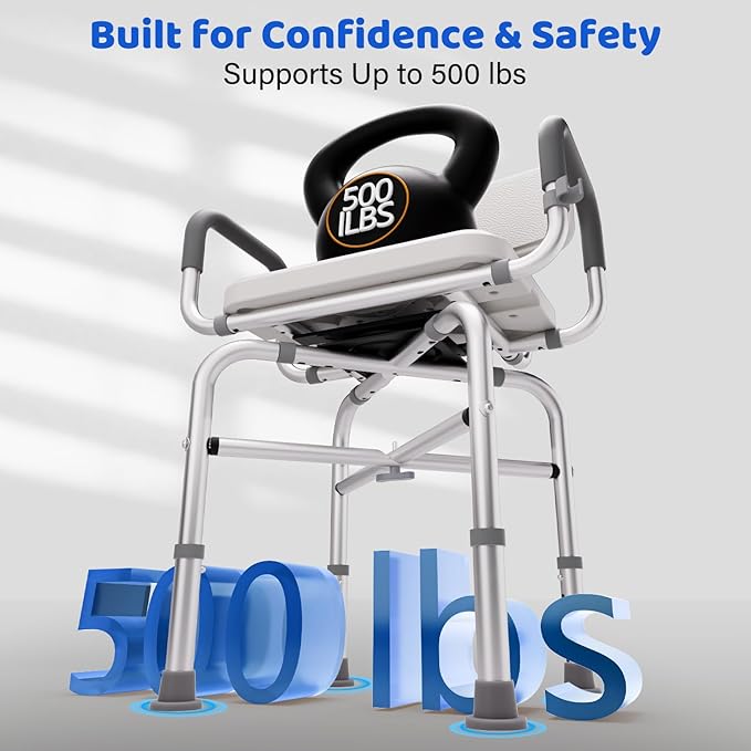 360° Swivel Shower Chair for Inside Shower, 500lbs Swivel Shower Chair with Arms and Back, Adjustable Height Shower Chair for Elderly and Disabled with Stable Non-Slip Design Bathroom Tub Stool