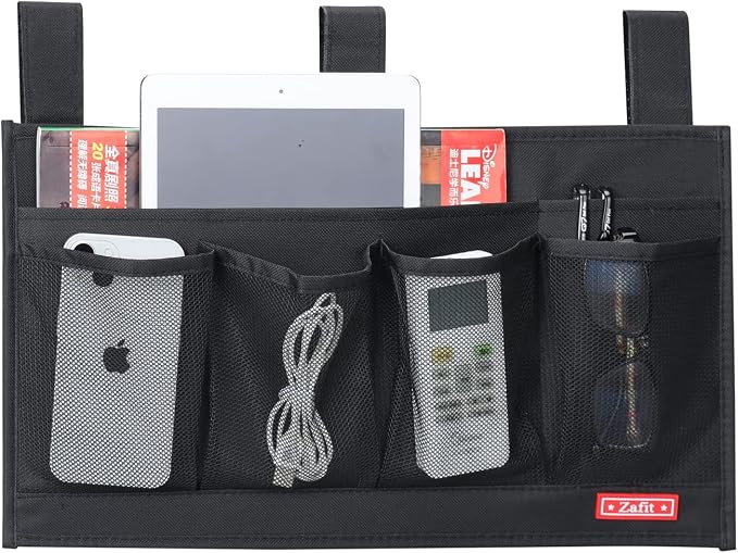Zafit Hanging Bedside Caddy, Bedside Storage Organizer for Magazine, Phone, Remote control (6 Pockets-Black)