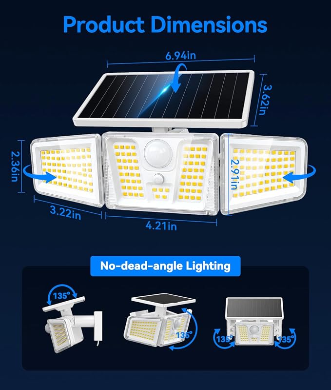 KOOPER Solar Flood Lights, 210 LED Motion Sensor Outdoor Lights, Solar Motion Lights Outdoor Waterproof, 3 Heads 300° Wide Angle Outdoor Security Lights for Yard Patio Garage Entryways, 2 Pack, White